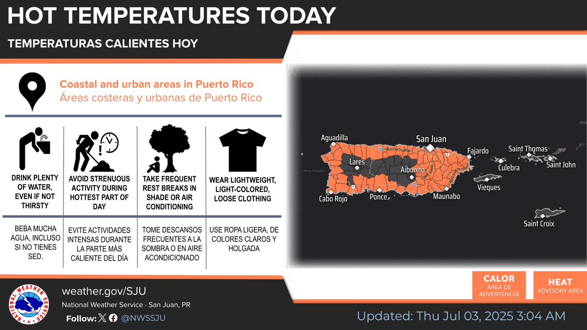 Jul 3: A hot day is expected today, with a Heat Advisory in effect for 10 AM to 4 PM AST for urban and coastal areas. Se espera un día caliente con Advertencia de Calor de 10 AM a 4 PM AST para zonas costeras y urbanas. #prwx #usviwx