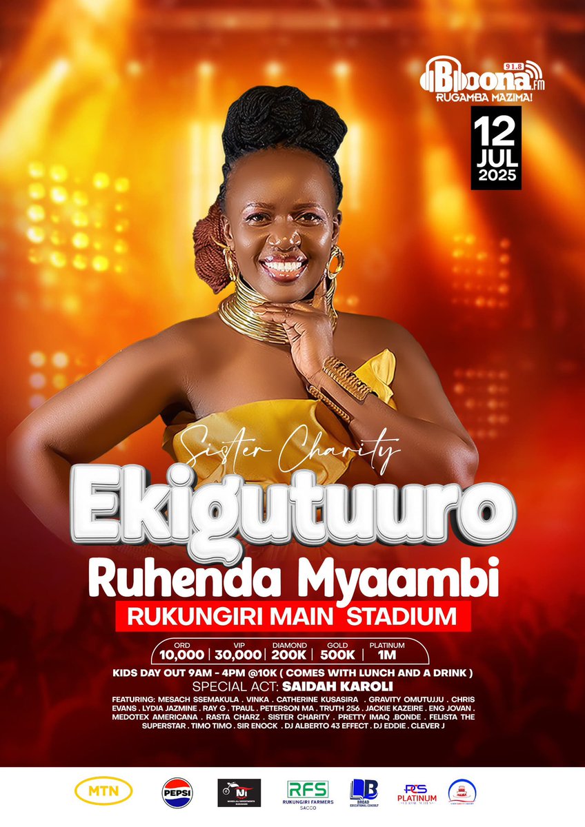 "Get ready for an epic performance! 🔥 Don't miss the legendary <a href="/sistercharity42/">Sister Charity</a>  <a href="/BoonaFm/">91.8 Boona FM</a> 's 8th anniversary on July 12th at Rukungiri Main Stadium! 🎤
 #BoonaFmAt8"
#EkiguuturoKyaBoonaFm25
