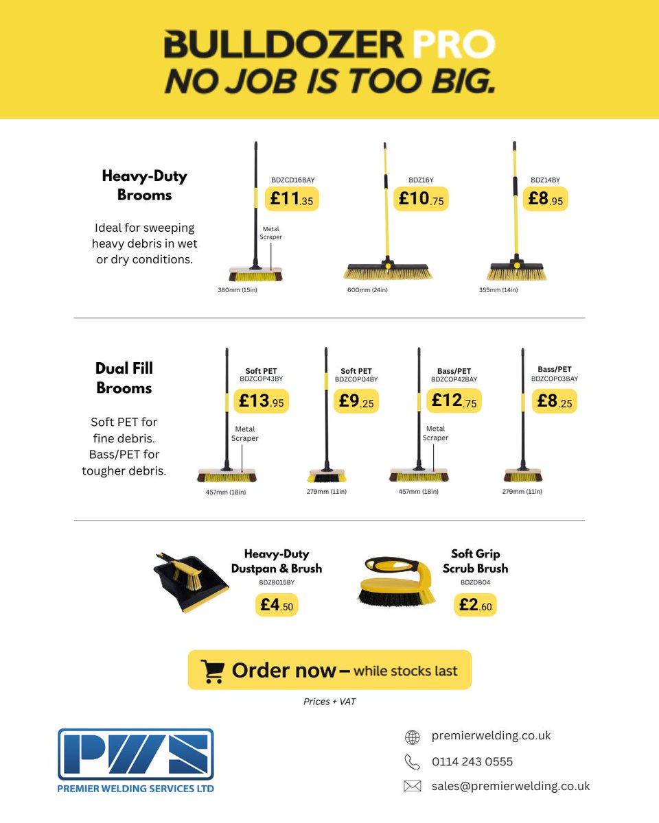 Tackle rubble, moss, and debris with BULLDOZER heavy-duty brooms.

✅ Integrated scrapers
✅ Stiff PET &amp; bassine bristles
✅ Cushioned grips

Order today:
📞 0114 243 0555
✉️ sales@premierwelding.co.uk

#HeavyDuty #CleaningTools #ConstructionSupplies