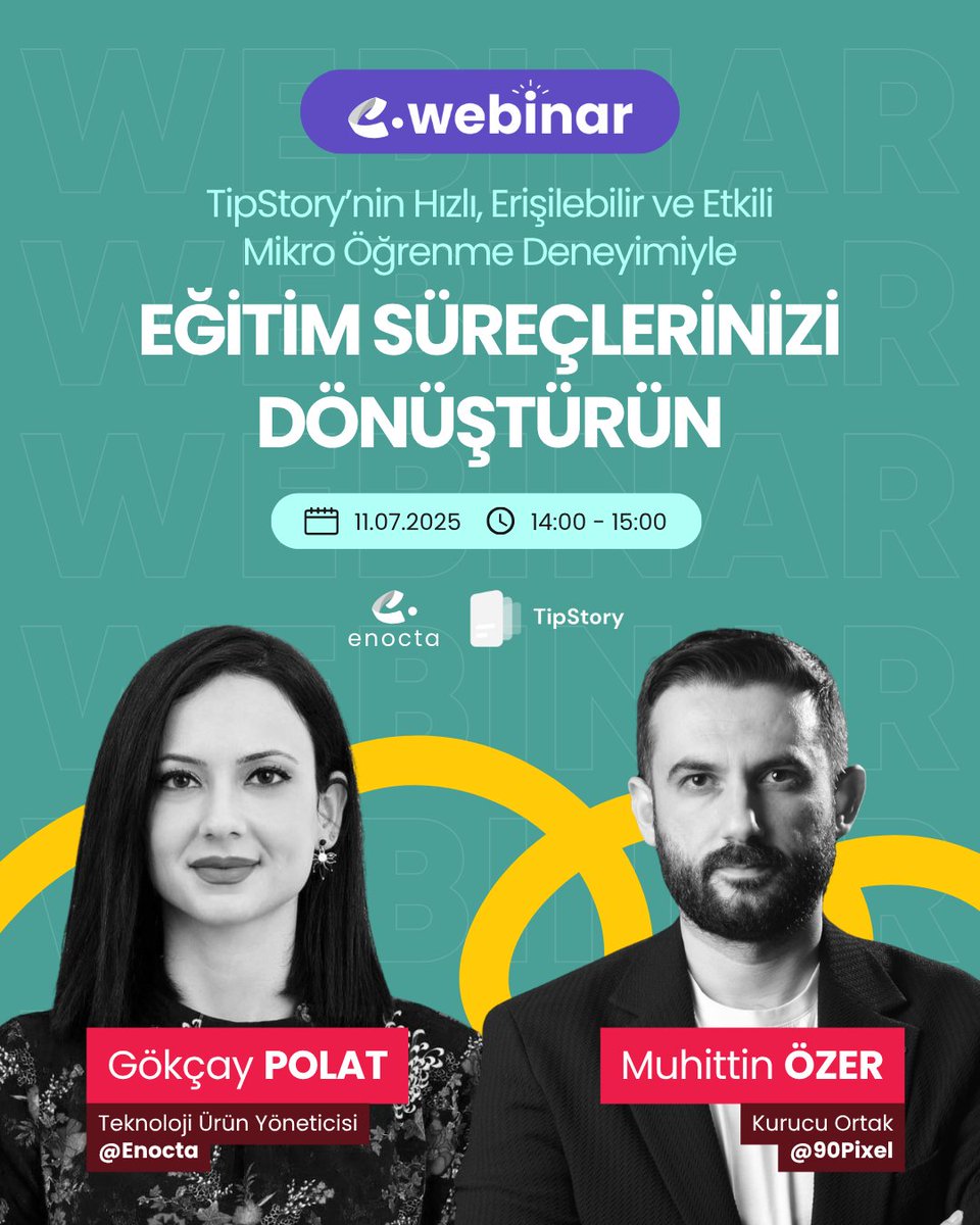 enocta's tweet photo. 📢 Webinar: Mikro Hikâyelerle Etkili Eğitim!

Enocta x TipStory iş birliğiyle, uygulama yüklemeden eğitim verin, performansı anlık ölçün.

🗓️ 11 Temmuz | ⏰ 14:00
🔗 https://t.co/EuYiWyJYp4 https://t.co/fjsPG9pbUQ
