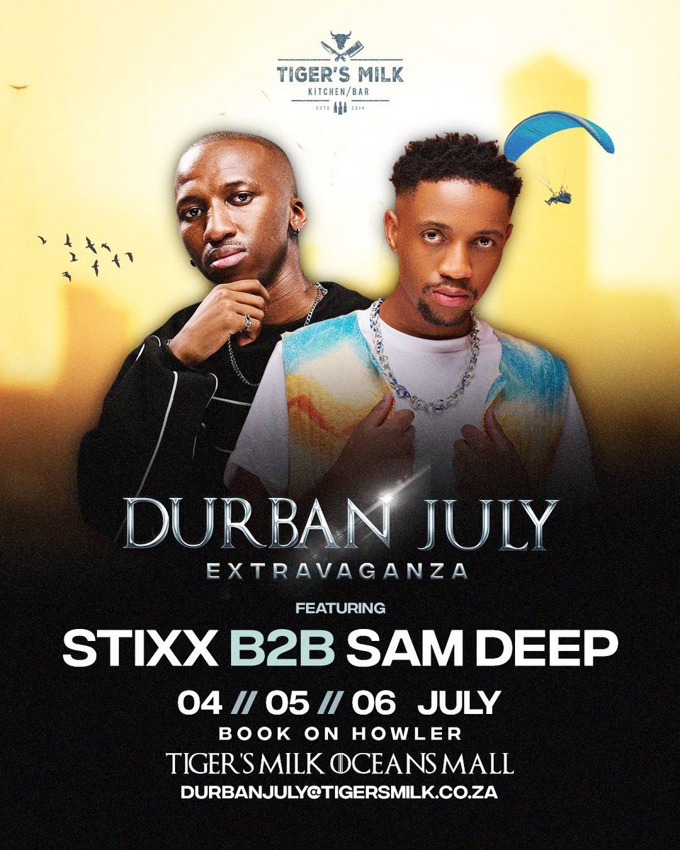 OceansMallSA's tweet image. The Durban July Weekend is HERE & Tigers Milk at Oceans Mall is the place to be!🐎🔥
Get ready for epic live performances from SA’s finest artists!
Book tickets now! 🔗👇🏾
howler.co.za/events/the-dur…
#DurbanJuly #TigersMilk #OceansMall #HollywoodbetsDurbanJuly #Umhlanga