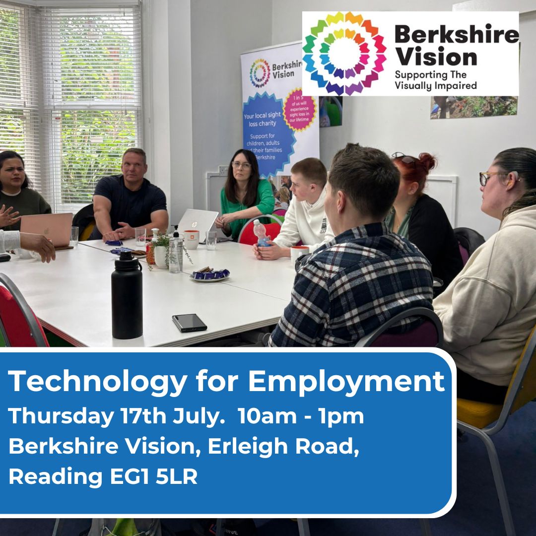 Berkshire Vision (@berkshirevision) on Twitter photo Join us for our next Employability Support session where we’ll look at Technology for Employment and how it can help people with #VisualImpairments in the workplace.
Thursday, 17th July - 10 AM – 1 PM, 5 Erleigh Road, RG1 5LR
To book - employability@berkshirevision.org.uk Join us for our next Employability Support session where we’ll look at Technology for Employment and how it can help people with #VisualImpairments in the workplace.
Thursday, 17th July - 10 AM – 1 PM, 5 Erleigh Road, RG1 5LR
To book - employability@berkshirevision.org.uk