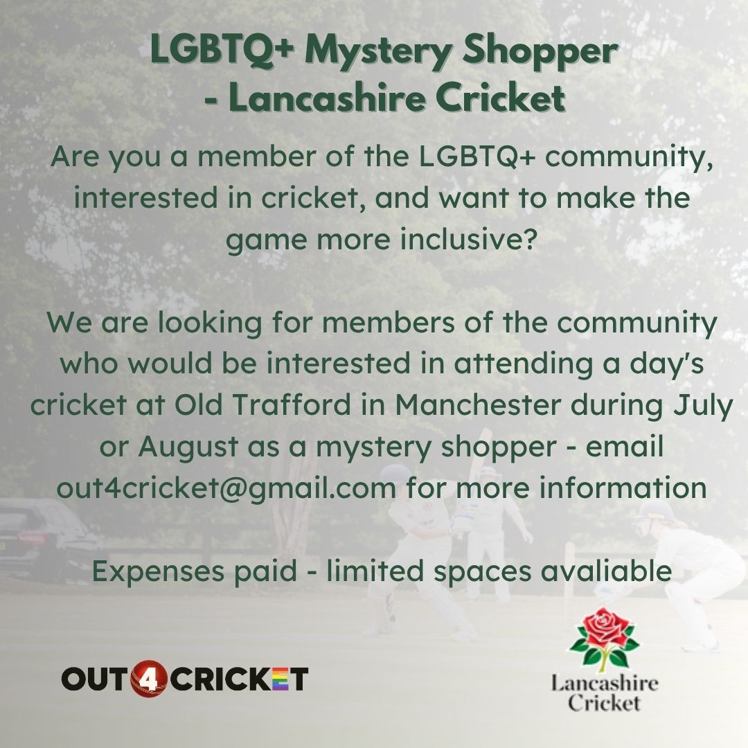 If you enjoy #cricket and want to help make it as #inclusive as possible for all in the #LGBTQ community, do join our mystery shopper exercise with <a href="/lancscricket/">Lancashire Cricket</a>. Send us an email for more details <a href="/villagemancfc/">Village Manchester FC</a> <a href="/merseyrose/">Mersey Rose Recs CC</a> <a href="/ManchesterPride/">Manchester Pride</a> <a href="/Gaydio/">Gaydio</a> <a href="/canalstmancs/">Canal Street 🏳️‍🌈</a> <a href="/PrideInLpool/">Pride In Liverpool</a>