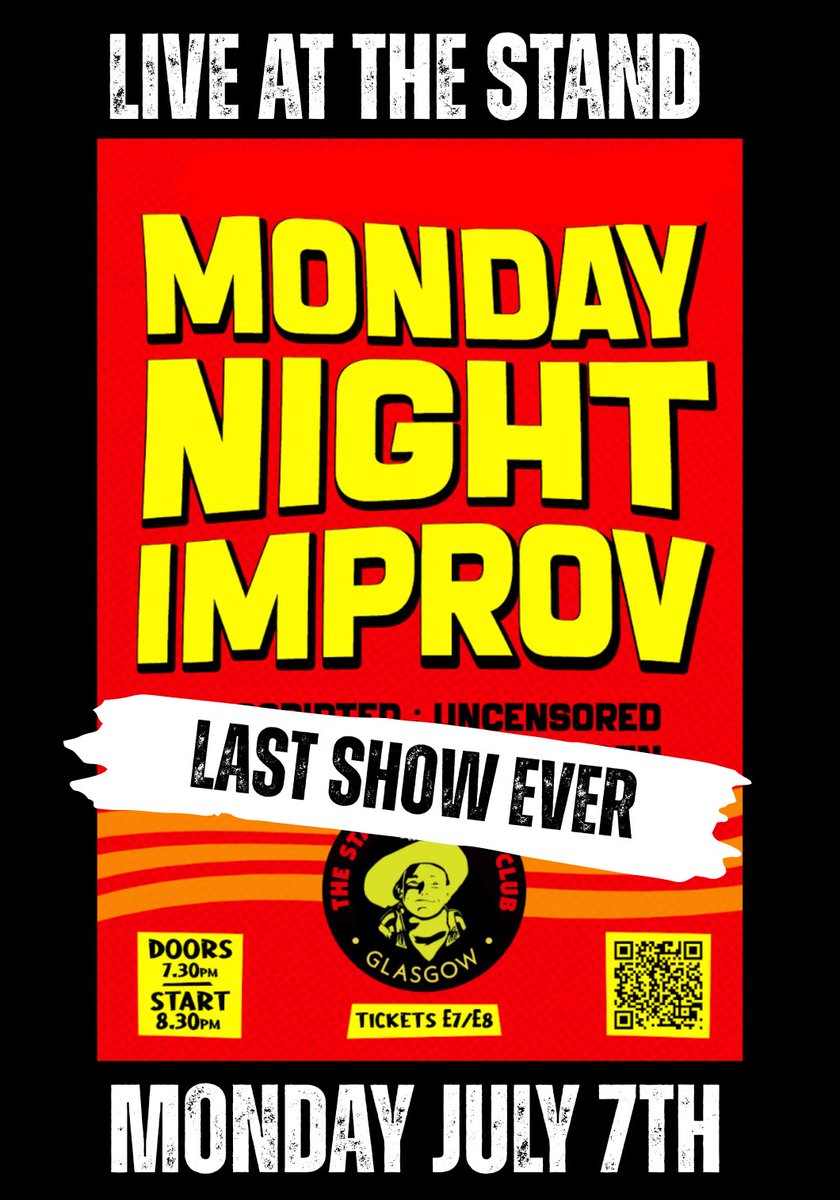 Billy Kirkwood (@billykirkwood) on Twitter photo This Monday the last Monday Night Improv <a href="/StandGlasgow/">The Stand Glasgow</a>
Comedy made up in the spot from audience suggestions,
Like Whoseline is it anyway with swearing and weird bits!
Belting line up too
July 7th
Show 8.30pm
Tickets on the door
OR online thestand.co.uk This Monday the last Monday Night Improv <a href="/StandGlasgow/">The Stand Glasgow</a>
Comedy made up in the spot from audience suggestions,
Like Whoseline is it anyway with swearing and weird bits!
Belting line up too
July 7th
Show 8.30pm
Tickets on the door
OR online thestand.co.uk