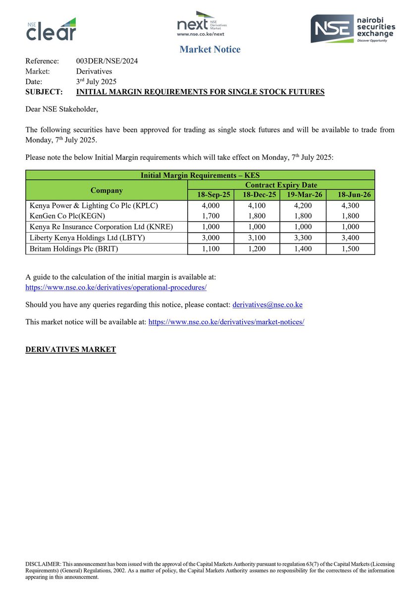 frank_mwiti's tweet photo. 🚀 To deepen our market and expand investor opportunities, @NSE_PLC will from this coming Monday, 7th July 2025, begin trading Single Stock Futures for 4 additional listed companies:

✅ Kenya Power (KPLC)
✅ KenGen (KEGN)
✅ Liberty Kenya (LBTY)
✅ Britam (BRIT)

📩 For queries, contact: derivatives@nse.co.ke
📄 Full notice: https://t.co/hbvBMFcIuf