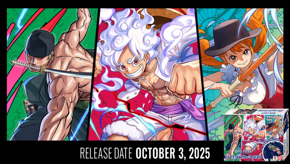 MrAllSunday_TCG's tweet photo. More details for the Learn Together Deck Set revealed! 

- Constructed Deck x3 (51 cards + 10 DON!! card each) (3 types)
- Deck Case x3 (3 types)
- Extra Card Pack x3 (5 cards per pack, 3 types of pack, 15 different cards)

Releasing 10/3/25 with an MSRP of $39.99. https://t.co/tesAYZ0VYB