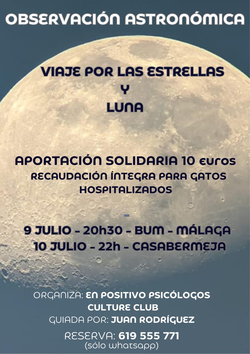 El 9 de julio, a las 20:30 h, observación #astronómica en el #BosqueUrbano guiada por el experto Juan Rodríguez. La jornada permitirá llevar a cabo un fascinante viaje por las #estrellas y la #Luna. 🪐✨ Reserva de plaza 👉🏼 619555771 (solo Whatsapp).
¡Os esperamos! 😊