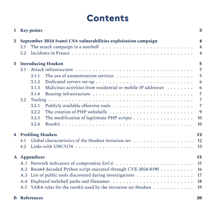 ANSSI has published details about the Houken intrusion campaign, which seeks initial access to the networks of French entities through the exploitation of several zero-day vulnerabilities on Ivanti Cloud Service Appliance devices.  cert.ssi.gouv.fr/cti/CERTFR-202…