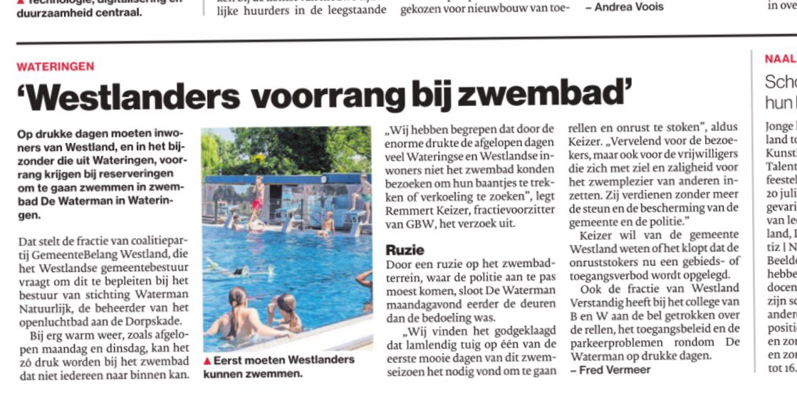 De renovatie van zwembad De #Waterman is betaald met heel veel euro’s opgebracht door de inwoners van Westland - die daar hard voor hebben gewerkt! - dan ligt het toch ook voor de hand dat zij voorrang krijgen om er hun baantjes te trekken en zwemplezier te beleven…. #wldebat