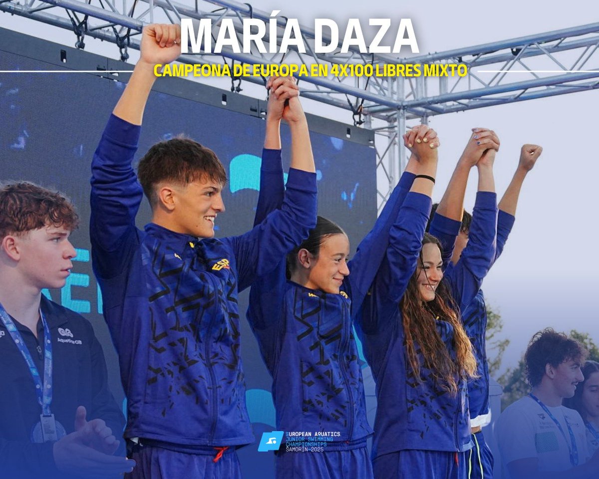 Dos medallas más para María Daza, con récord del campeonato incluido en la 2ª jornada del Campeonato de Europa⭐

🥈 200m libres con 1:58.97, a solo 56 centésimas del oro.
🥇 4x100 libres mixto con récord de Europa júnior (3:27.69). 

realcanoe.es/noticias-natac…
