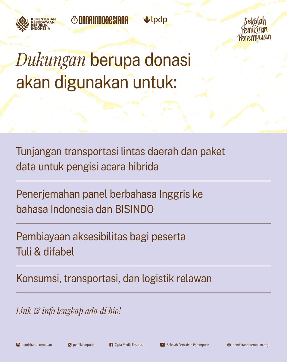 Etalase Pemikiran Perempuan 2025 tidak akan pernah lahir tanpa dukungan kolektif. Dukunganmu akan digunakan untuk menjamin akses, keberlangsungan, dan kehangatan festival ini.
Info lengkap donasi  bisa diakses di link di bio. #donasi #spp #EtalasePemikiranPerempuan