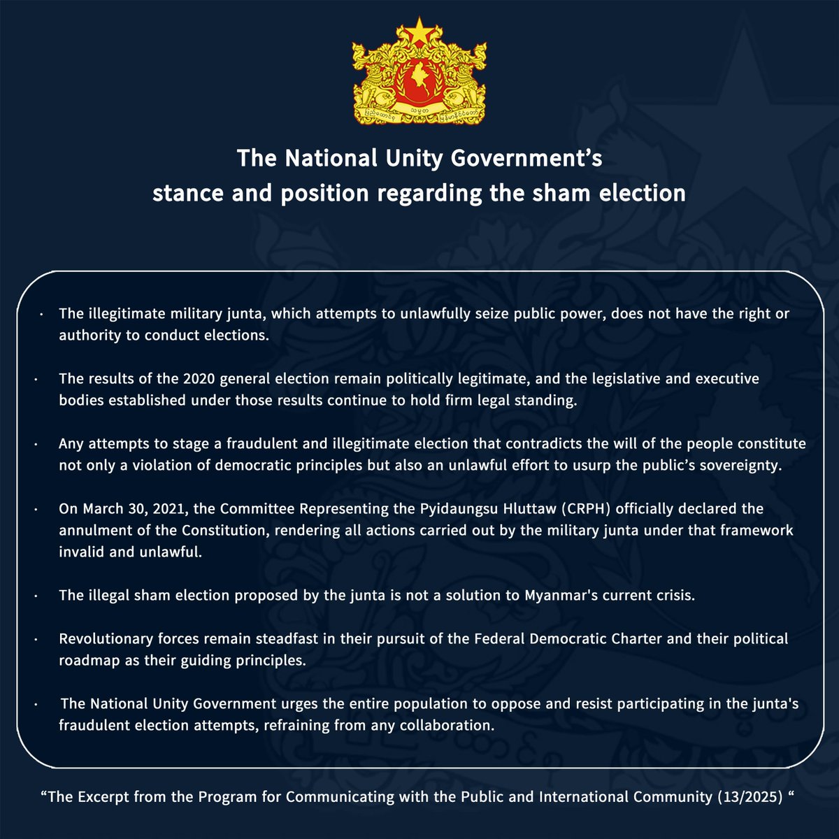 NUGMyanmar's tweet image. Stance and position of the National Unity Government regarding the military junta&apos;s sham election.
#RejectJuntaElection
#WhatsHappeningInMyanmar