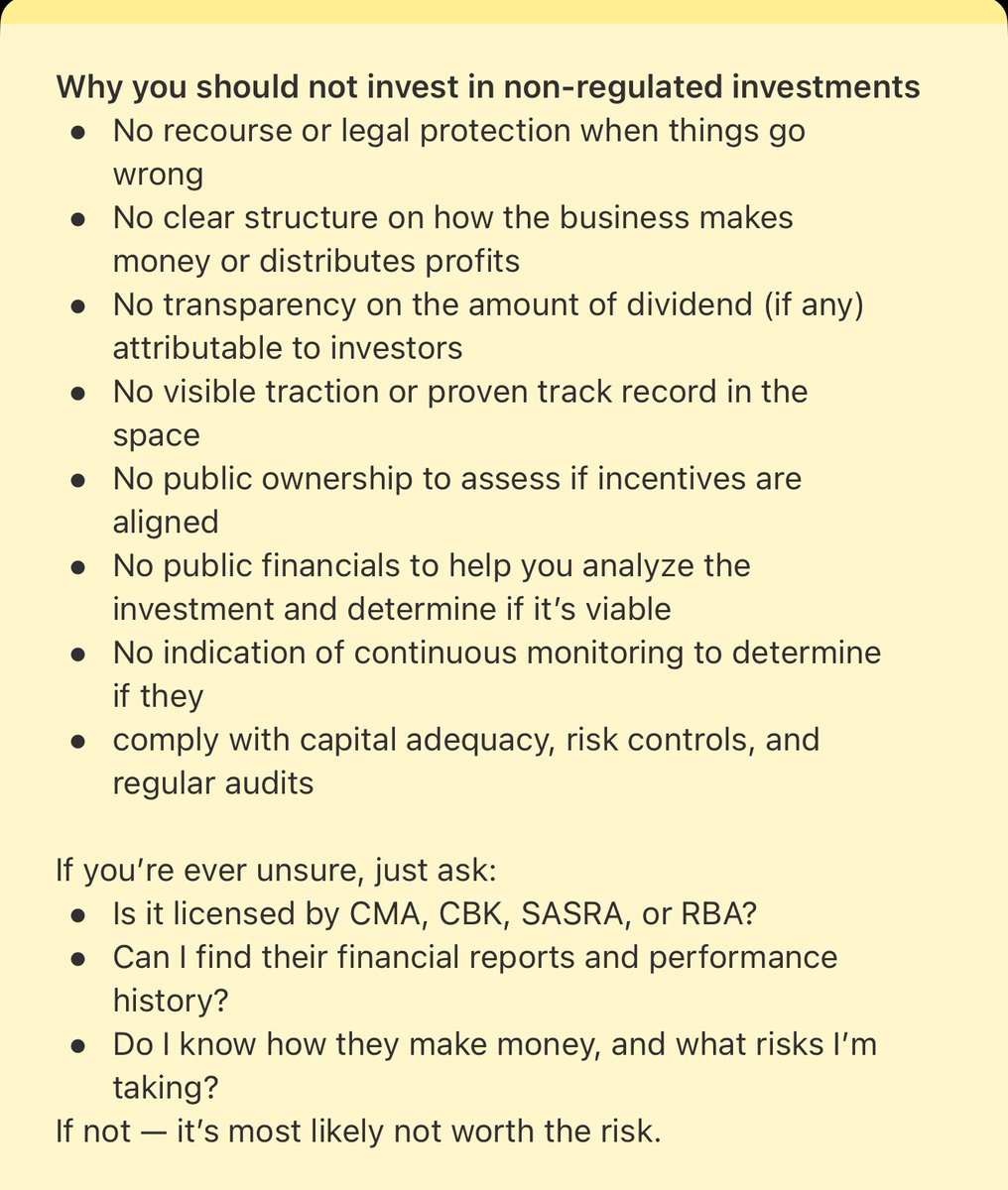This is not a good investment for one key reason: it is not approved by any regulatory body. Proceed with caution.

In future, if you’re ever unsure, just ask:
Is it licensed by CMA, CBK, SASRA, or RBA?
Do I know how they make money &amp; what risks I’m taking?
If not, it’s most