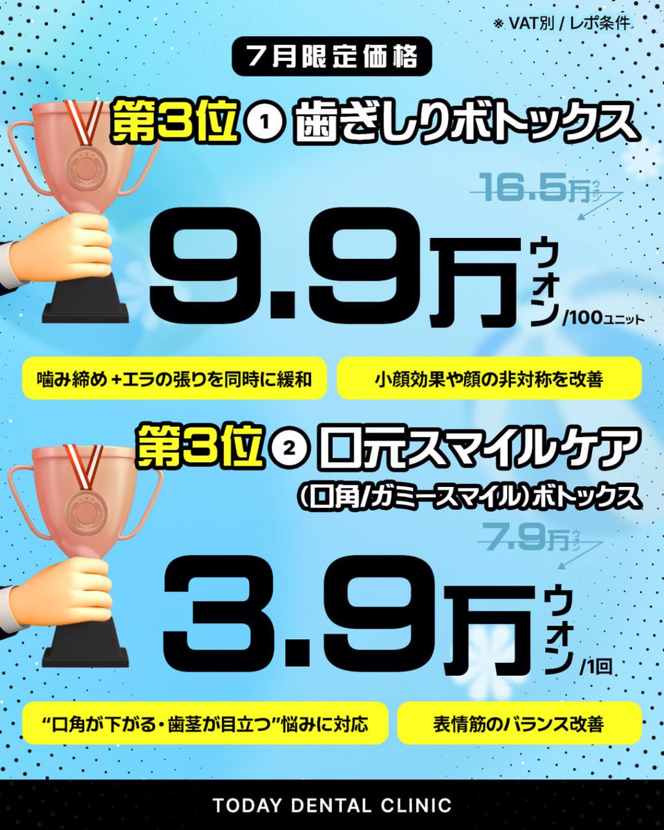 todaydental_jp's tweet photo. ＼𝟬円でスマイル美人になれる！？／

𝟳月限定✨
韓国人気施術TOP𝟯を
【各𝟮名様ずつ】にまさかの無料プレゼント🎁

🥇ラミネート（セラミック）𝟲本まで
🥈ホワイトニング𝟮回＋スケーリング
🥉歯ぎしり or 口元ケアボトックス

📌参加方法は画像をチェック！
📅応募締切：𝟳月𝟭𝟱日まで

📲ご予約・お問い合わせは公式LINEにて
https://t.co/q2zlh6tu6F