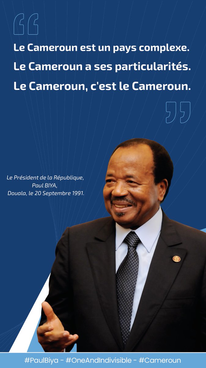 PR_Paul_BIYA's tweet photo. Le Cameroun est un pays complexe.
Le Cameroun a ses particularités.
Le Cameroun, c'est le Cameroun.
#PaulBiya
#OneAndIndivisible
#Cameroun https://t.co/kOZ3c4K6N3