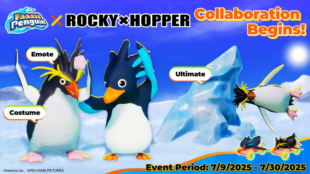 ＼ ROCKY×HOPPER Collaboration Announced! ／

Faaast Penguin welcomes the slick penguin ROCKY to its world! 🐧💨

Starts July 9th 21:00 PDT.
Stay tuned for challenge events and collaboration items!
#FaaastPenguin #ROCKYHOPPER