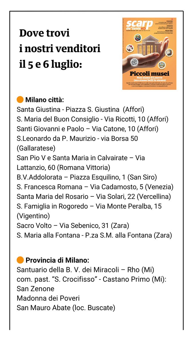 ☀️ SCARP DI LUGLIO IN VENDITA
🏛️ Pieno di idee per un'estate sostenibile
Ecco dove puoi trovare i nostri venditori milanesi sabato 5 e domenica 6 luglio, anche in vacanza! 👇🏻