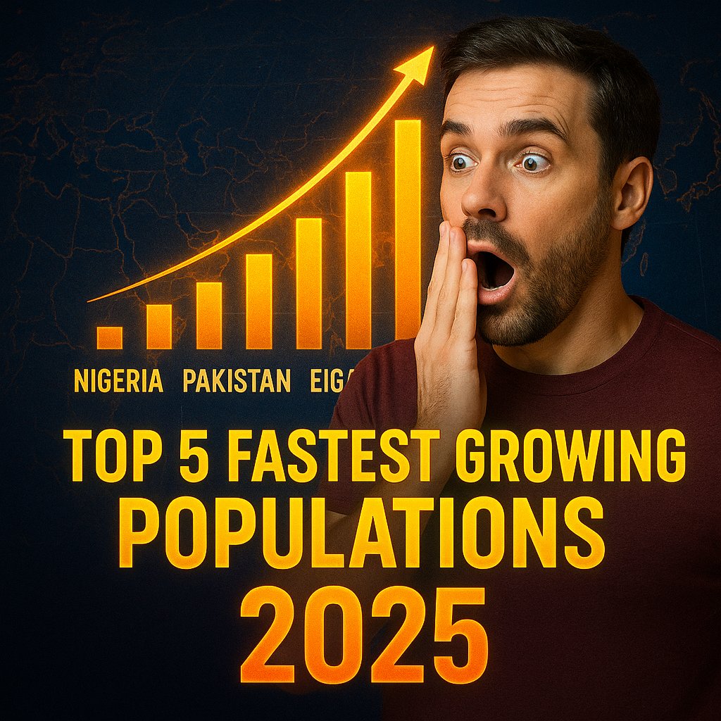 Worldtoplists25's tweet photo. Top 5 fastest growing populations in 2025 🌍
Some countries on this list will surprise you 👀
Who’s growing the fastest — and why?

💬 Drop your thoughts
👣 Follow for more bold global rankings
https://t.co/LA2M1dcTAd

#Top5 #Population2025 #GlobalTrends #WorldTopLists https://t.co/2tCOpRUQ9h