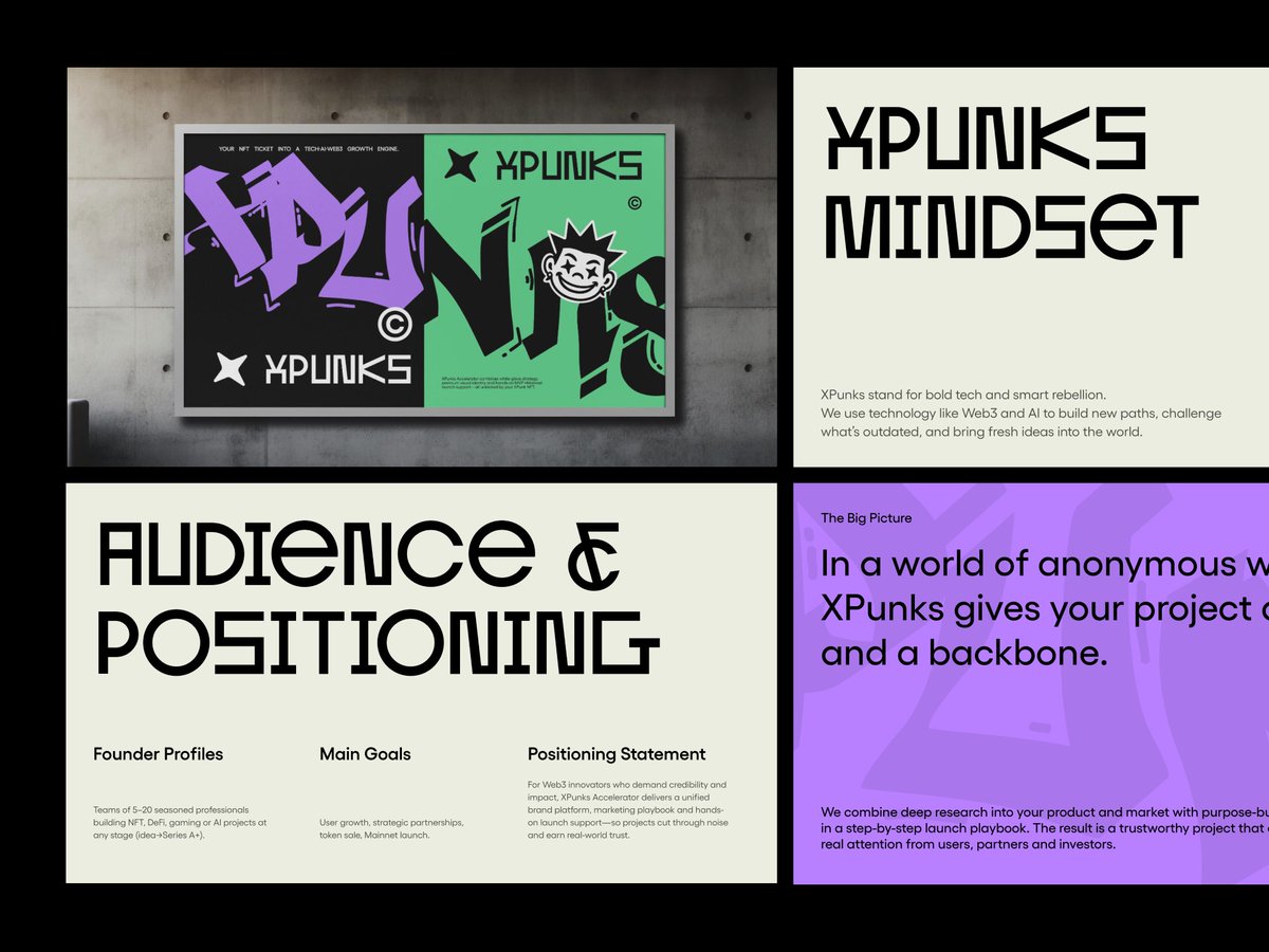 Web3 Accelerator "XPunks" Case

Challenge:
The client needed a brand with vision and strategy.
Something sharp, fresh, and future-ready.

Solution:
We created a full brand strategy.
Defined clear values and strong positioning.
Built a bold, tech-native, slightly rebellious style.