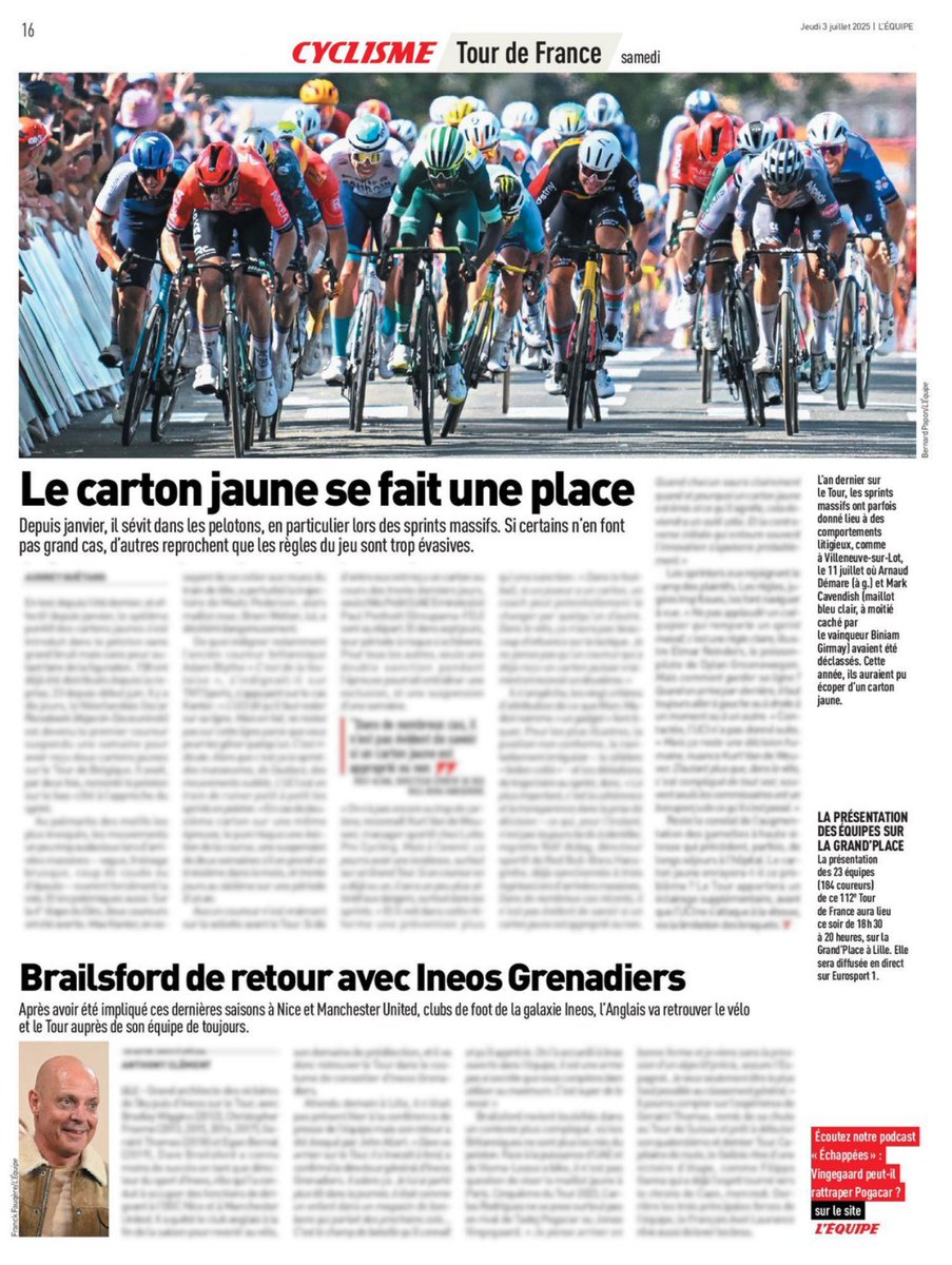 RenaudB31's tweet image. #Média 📰 / #TDF2025
Le carton jaune se fait une place 🟨

Depuis janvier, il sévit dans les pelotons, en  particulier lors des sprints massifs. Si certains n’en font pas grand  cas, d’autres reprochent que les règles du jeu sont trop évasives

📰 L&apos;Équipe du 03/07