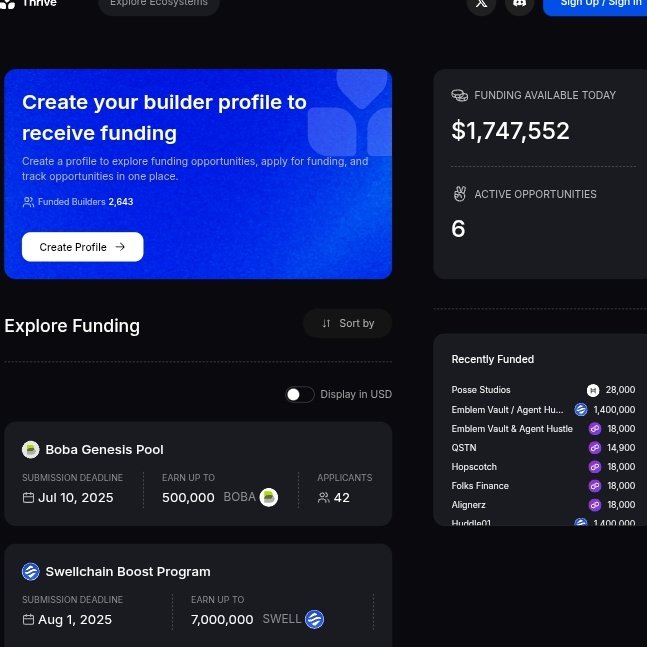 Wang Samuel CLONE⛺ (@wangsamuels) on Twitter photo <a href="/thriveprotocol/">Thrive Protocol</a> is reshaping how Web3 builders access funding. Through its platform, builders can create a single profile to discover, apply for, and manage multiple grant opportunities across ecosystems like Boba, Swell, and Hedera.
With over $1.7M in funding available today <a href="/thriveprotocol/">Thrive Protocol</a> is reshaping how Web3 builders access funding. Through its platform, builders can create a single profile to discover, apply for, and manage multiple grant opportunities across ecosystems like Boba, Swell, and Hedera.
With over $1.7M in funding available today