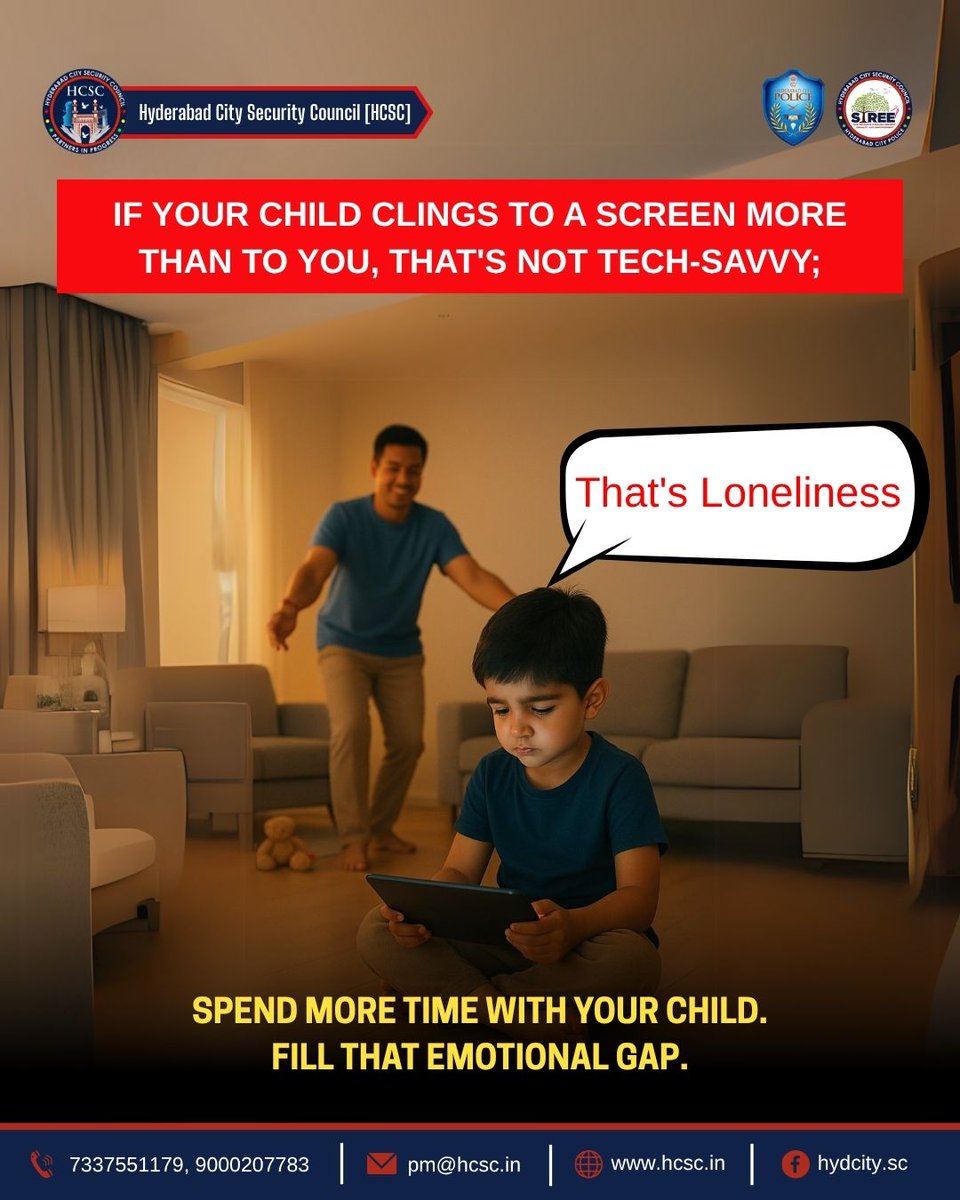 HCSC_Hyd's tweet image. If your child clings to a screen more than you, it’s not tech genius—it’s loneliness. Switch from screen-glow to face-glow. Be present. Laugh. Listen. No device replaces your love. ❤️ Start today. #ParentingMatters #DigitalDetox #ChildrenFirst #BeThereAlways