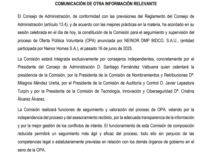 JCPF_Carlos's tweet photo. #AEDASHOME #AEDAS
✍️Acción / Reacción, sobre lo dicho en la exposición de los acontecimientos sobre la #OPA de #NEINORHOMES sobre #AEDASHOMES en su propuesta inicial, intento de atraco a mano armada hacia los accionistas minoritarios de #AEDASHOMES, que en Comunicación a la #CNMV ayer a cierre de mercado anuncia:
📌Constitución de una Comisión de seguimiento y supervisión del proceso de OPA.
✍️Si la CNMV y organismos competentes atienden a razones en protección de los pequeños accionistas, en la especulación sobre el suelo del que siempre intentan salir beneficiados los accionistas de mayor peso de decisión, debiera haber un ajuste de las cotizaciones de ambos valores, en #NEINORHOMES quizá más insultante tras la comunicación de una Ampliación de Capital con precio referencia de 15,25€ por acción que en proceso acelerado ya cumplido en ningún momento ha gestionado, "todo muy equitativo".
✍️Atendiendo a situación actual, una muestra gráfica que ayude a poner las cosas en su sitio, si los organismos competentes atienden a razones justas, como mínimo las cosas debieran orientarse en el proceso de #OPA a los siguientes precios referencia.
📌#AEDASHOMES, primer Gráfico, cotiza a cierre de ayer, fecha del comunicado de Constitución de una Comisión de seguimiento y supervisión del proceso de OPA a 24,20€, la #OPA se lanza el 17 de Junio a precio referencia de 24,485€ por acción, pactado con el accionista mayoritario de #AEDAS, cotizaba en ese momento a 27,30€ por acción. Se encuentra en este momento por tanto cotizando por debajo del precio de #OPA, bajo mi punto de vista, insultante, y que debiera ir como mínimo hacia los precios de cierre anterior al comunicado de #OPA e incluso más, ya no digo a los máximos recientes por zona 31€, ni a una valoración #NAV incluso de mayor potencial, pero como mínimo hacia los 29€ los accionistas minoritarios de #AEDAS empezarían a sentirse valorados. Resumiendo, tener acciones de #AEDAS a estos precios de cierre de ayer, supone una inversión segura, debiera verse una presión alcista en un ajuste justo de precios de cotización, #NEINORHOMES debiera subir el precio de referencia de la #OPA y la #CNMV como organismo regulador "sentirse competente", en todo caso no formar parte de este asalto a una cotizada.
📌#NEINORHOMES #HOME, segundo gráfico, Cotiza a cierre de ayer a 15,84€, en el momento de lanzar la #OPA sobre #AEDAS alcanzó sus máximos históricos en 17,22€, cotizaba en 13,62€ el día del lanzamiento de la oferta de compra sobres las acciones, si bien el precio de la acción empieza ya a corregir, -4,81% de momento esta semana y sobre la propuesta inicial y seguimiento de ambos valores que voy actualizando puntualmente, la valoración sobre la propuesta lanzada, contando con una mejora del precio referencia que ponga las cosas en su sitio, afectaría incluso a la reciente colocación acelerada de nuevas acciones, a mayor valoración de la oferta de compra, mayor requerimiento de capital para hacer frente a la operación, lo que en el buen orden de las cosas llevaría a depreciación inicial del precio de cotización como mínimo hacia la zona 15€ e incluso seguir la directriz de apoyo bajista hacia la zona de los 14€ por acción, y tiempo habrá en el medio plazo tras el cierre de la operación de #OPA a revalorizarse en su justa medida, si tan buena es la operación planteada a largo plazo, a los accionistas de #AEDAS se les está insultando.
✍️Me recuerda esta operación, aunque en otras circunstancias y características, estamos hablando de dos cotizadas o sectores bien diferentes, donde las valoraciones son en otro orden de criterios, al intento de asalto inicial de la Familia Riberas (#GESTAMP y otras cotizadas importantes del mercado español) sobre #GAM, en su momento lanzando una oferta de compra de acciones a precio referencia de 1€ que posteriormente fue obligada por el organismo "competente" a 1,76€ por acción, ahí es nada.
📌🧐Veremos que pasa con #NEINORHOMES y #AEDAS vía #CNMC también.
