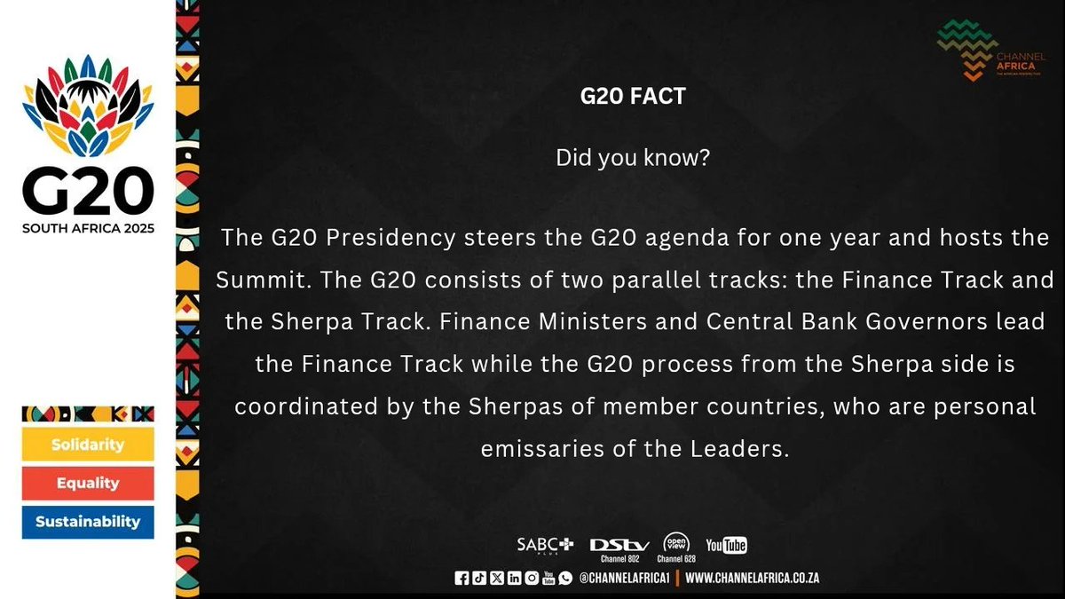 Channel Africa (@channelafrica1) on Twitter photo Tune into #RiseAndShine every morning to learn more about the #G20 Intergovernmental forum, as we give you the #G20Fact of the day.
For more #G20 news, join <a href="/LifeWithThami/">Thami Ngubeni</a> and <a href="/AshrafGarda/">Ashraf Garda Champion South Africa</a> every Thursday from 16:15 to 16:30 CAT for a simulcast of the G20 in Africa!
<a href="/SAfmRadio/">SAfmRadio 📻</a> Tune into #RiseAndShine every morning to learn more about the #G20 Intergovernmental forum, as we give you the #G20Fact of the day.
For more #G20 news, join <a href="/LifeWithThami/">Thami Ngubeni</a> and <a href="/AshrafGarda/">Ashraf Garda Champion South Africa</a> every Thursday from 16:15 to 16:30 CAT for a simulcast of the G20 in Africa!
<a href="/SAfmRadio/">SAfmRadio 📻</a>