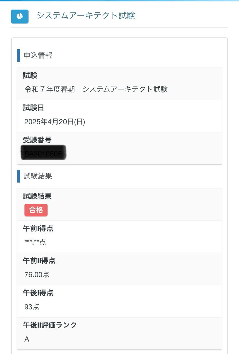4月に受けたシステムアーキテクト試験合格してました！午後Ⅱは問題が事前準備してなかった領域が出て頭真っ白になりながら腕プルプルで書いた記憶しか残っていないデス。。。
前年のST試験と2年連続で合格できたのは喜ばしいですが、本当にやるべきUSAPAから逃げ続けている現実に目を向けねば。。。