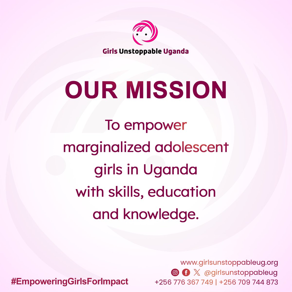 Happy Thursday from all of us at Girls Unstoppable Uganda!

Every step we take is guided by our mission and we remain fully committed to seeing it through, one girl at a time.

Wishing you a joyful and impactful rest of the week!
#EmpoweringGirlsForImpact #OurMission