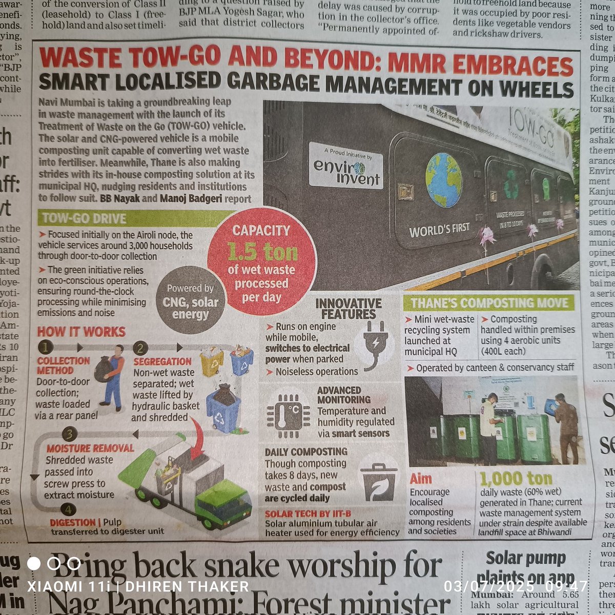 dhirenthaker's tweet image. 🚛♻️ World’s 1st mobile composting unit — TOW-GO — featured in Times of India (3 July 2025)!
Proud to be part of this @LahsGreenIndia innovation team with @SaiKhanolkar.
💡1.5T/day wet waste → compost
🌱 Solar &amp;amp; CNG powered
#WasteToWealth #TOWGO #CleanIndia