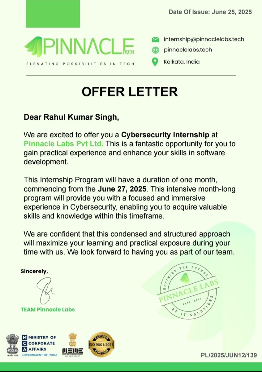 Rahul_KS7318's tweet photo. Excited to join Pinnacle Labs as a Cybersecurity Intern for the 2025 batch!
Grateful for this opportunity to grow and learn. 💻🔐
#CyberSecurity #Internship2025 #PinnacleLabs #LearningInTech https://t.co/kMc5D66Rer