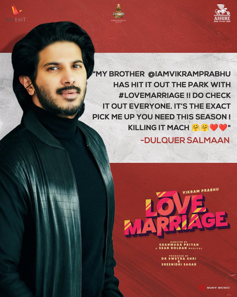 Assure Films (@assurefilms) on Twitter photo Thank you so much for the love, <a href="/dulQuer/">Dulquer Salmaan</a> sir 🤗❤️
We’re truly glad that #LoveMarriage resonated with you !!
Your kind words means alot to our team and push us to keep going 🙌✨
Much love and gratitude ❤️🎬
Directed by <a href="/Director_Priyan/">shanmuga priyan</a>
A <a href="/RSeanRoldan/">Sean Roldan</a> musical 🎶 Thank you so much for the love, <a href="/dulQuer/">Dulquer Salmaan</a> sir 🤗❤️
We’re truly glad that #LoveMarriage resonated with you !!
Your kind words means alot to our team and push us to keep going 🙌✨
Much love and gratitude ❤️🎬
Directed by <a href="/Director_Priyan/">shanmuga priyan</a>
A <a href="/RSeanRoldan/">Sean Roldan</a> musical 🎶
