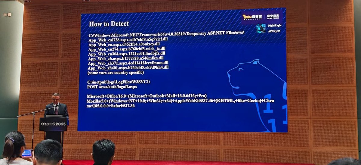 RedDrip7's tweet image. At the recently held CYDES 2025, we disclosed #APT group #NightEagle (APT-Q-95).
This threat group has been targeting high-tech industries for a long time, including chip semiconductors, AI/GPT and other fields.
Actors used an unknown Exchange exploit chain.
PPT: #IOCs #APT