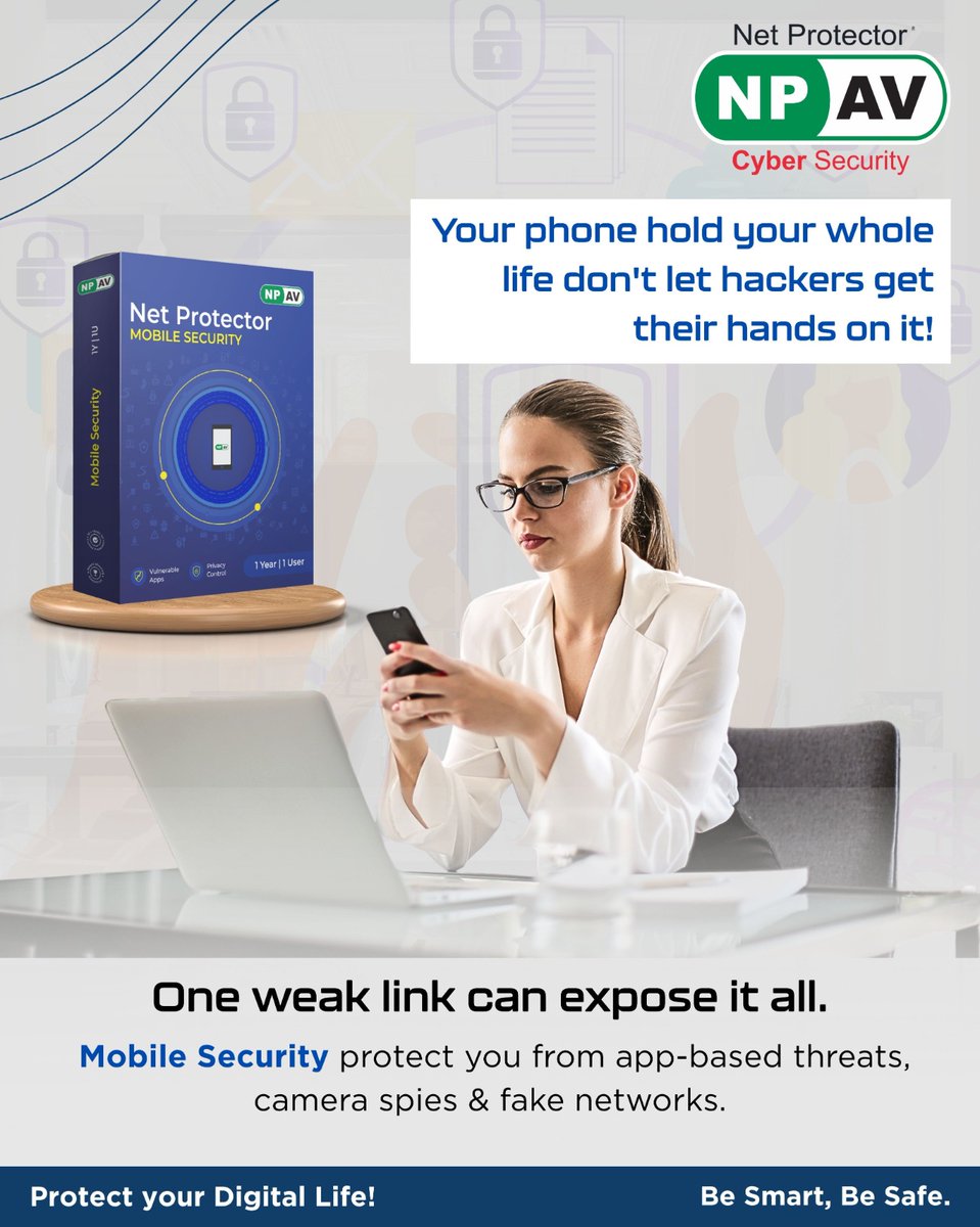 netprotector's tweet image. Your phone holds your world—secure it with Net Protector Mobile Security. Stay protected from malware, phishing, and hidden threats on the go!

#StaySecureOnTheGo #NetProtector #MobileSecurity #CyberShield #DigitalSafety #NPAV #SecureSmartphone #NPAVMobileSecurity