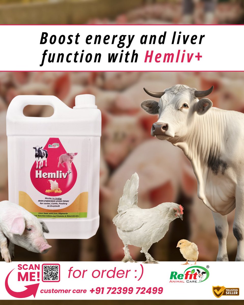 refitanimalcare's tweet photo. HEMLIV+ पशुओं के लिए आयरन युक्त लिवर टॉनिक

✅ आयरन, सिलीमारिन और लिवर सुधारक विटामिन्स व मिनरल्स से भरपूर
✅ गाय, सुअर, मुर्गी व अन्य फार्म पशुओं के लिए उपयुक्त
✅ लिवर के पुनर्निर्माण में सहायक
✅ पाचन व समग्र सेहत को बेहतर बनाए

#RefitAnimalCare https://t.co/1rWSX1JZ4X
