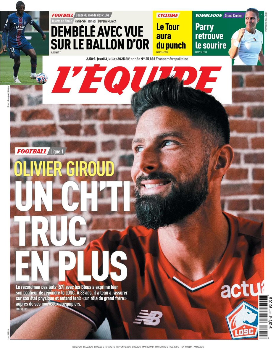 🗞️ La une du journal L'Équipe du jeudi 3 juillet 2025
Pour lire votre édition ➡️ l.lequipe.fr/tEH