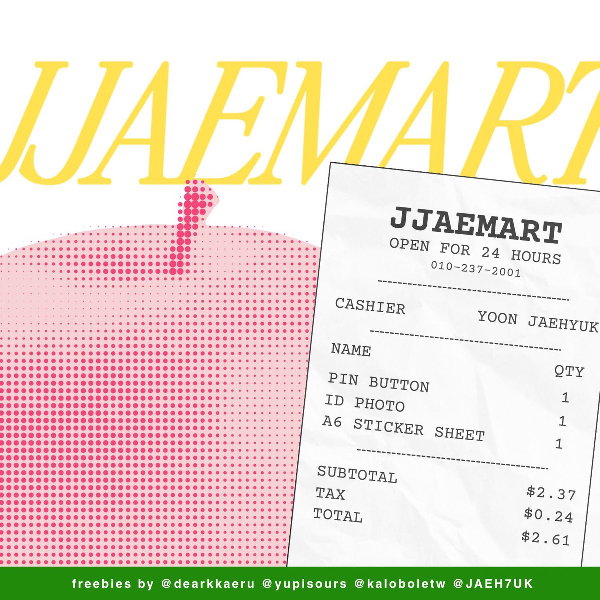 dearkkaeru's tweet image. 🛒 JJAEMART24JAM VOL. 1 🛒

#YOONJAEHYUK's birthday freebies 🍎🥝🍒🍊
by @dearkkaeru @yupisours @kaloboletw @JAEH7UK

⊹ how to claim? ⊹ 
⋆ rt and like this post
⋆ war by gform on 7.7.2025 [tba]
⋆ price will be set on 7.232 (no refund )

kindly drop ur @ if you interested ♡