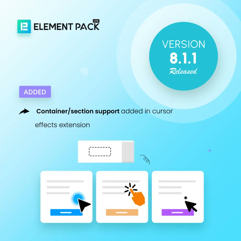 Have you tried Container/Section cursor effects yet?

Element Pack Lite v8.1.1 has them live—show us your coolest cursor animations 👉  bdt.to/TKctx

#Elementor #WebDesign