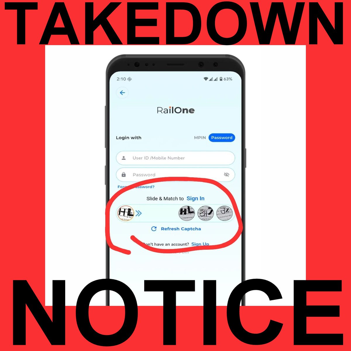 .<a href="/AshwiniVaishnaw/">Ashwini Vaishnaw</a> <a href="/RailMinIndia/">Ministry of Railways</a> <a href="/amofficialCRIS/">Centre For Railway Information Systems</a> 

Your new 'super' mobile-only app RailOne is stuck with a redundant 'visual pattern' exclusive CAPTCHA that not only excludes blind and deaf-blind citizens but also those facing dexterity issues with slide to match challenge.
#a11y