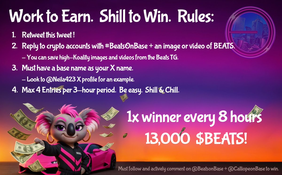 🎉 Congrats to <a href="/Silvanus626/">runner626.base.eth</a> for being randomly chosen for their awesome shill of #BeatsOnBase! 🚀 I just sent you 13,000 $BEATS as a reward! 🐨 Check out the transaction here: basescan.org/tx/0x7859ffb1a… 

Make sure to read the rules to enter the next round! 💚