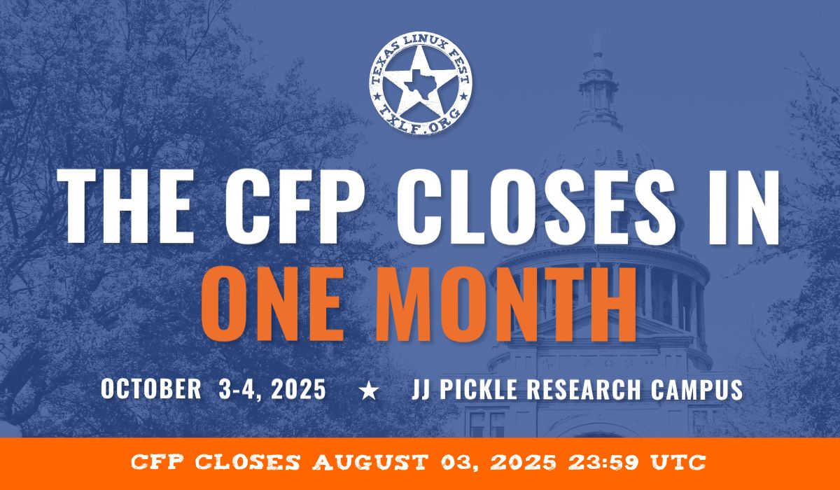 texaslinuxfest's tweet image. ๐จ The CFP for #TXLF closes in ONE MONTH๐จ
papercall.io/txlf2025
Join us at #TXLF!
๐ October 3-4, 2025
๐ JJ Pickle Research Campus, Austin, TX
๐ค CFP:
๐ Sponsor: 2025.texaslinuxfest.org/sponsorship/
๐๏ธ Register: 2025.texaslinuxfest.org/pricing