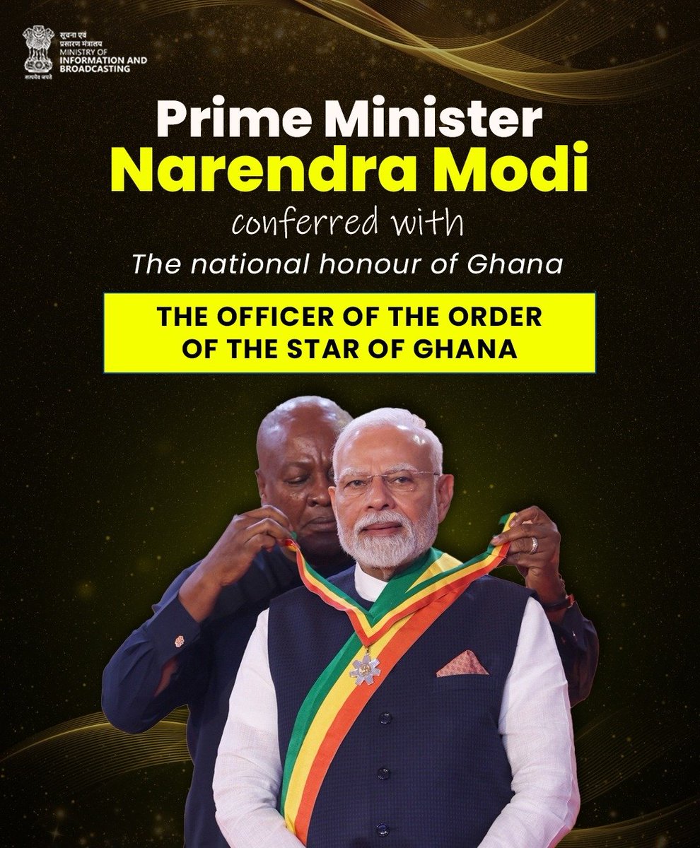 Akashvani рдЖрдХрд╛рд╢рд╡рд╛рдгреА (@akashvaniair) on Twitter photo Hon'ble Prime Minister Shri <a href="/narendramodi/">Narendra Modi</a> has been conferred with GhanaтАЩs highest national honour тАФ The Officer of the Order of the Star of Ghana тАФ by Hon'ble President <a href="/JDMahama/">John Dramani Mahama</a>.
A proud moment for India, recognising his visionary statesmanship and global leadership. Hon'ble Prime Minister Shri <a href="/narendramodi/">Narendra Modi</a> has been conferred with GhanaтАЩs highest national honour тАФ The Officer of the Order of the Star of Ghana тАФ by Hon'ble President <a href="/JDMahama/">John Dramani Mahama</a>.
A proud moment for India, recognising his visionary statesmanship and global leadership.