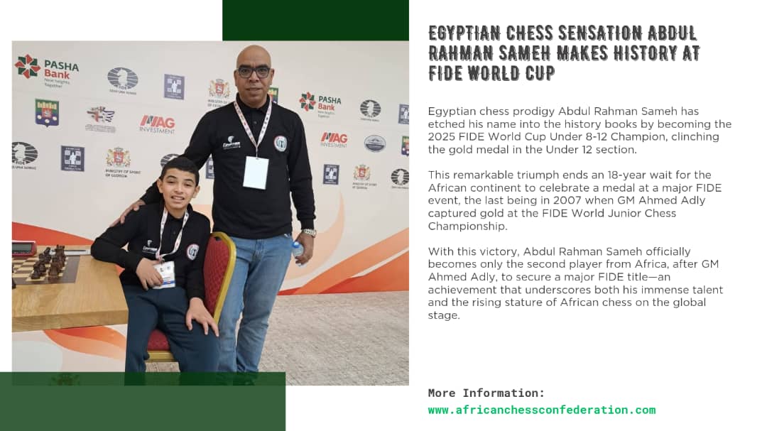 AfricanChessCon's tweet image. Egyptian Prodigy Ends Africa’s 18-Year Title Drought at FIDE World Cup