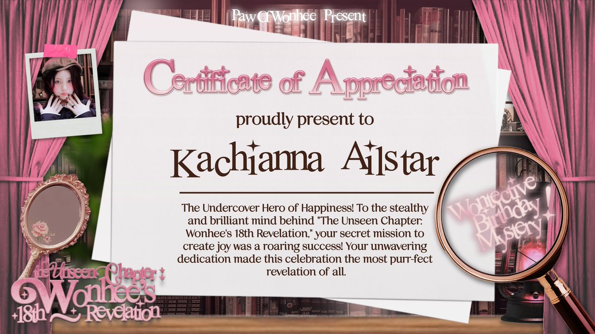 ᅠ
🕰 ໒꒱ ˚⁎⁺ ℛing ring! As the leader of the Wording division, I, Kachi, declare the case of 𝗧𝗵𝗲 𝗨𝗻𝘀𝗲𝗲𝗻 𝗖𝗵𝗮𝗽𝘁𝗲𝗿: 𝗪𝗼𝗻𝗵𝗲𝗲’𝘀 𝟭𝟴𝘁𝗵 𝗥𝗲𝘃𝗲𝗹𝗮𝘁𝗶𝗼𝗻 officially closed! Reporting... come and over! 🕵🏻‍♀️♡
ᅠ