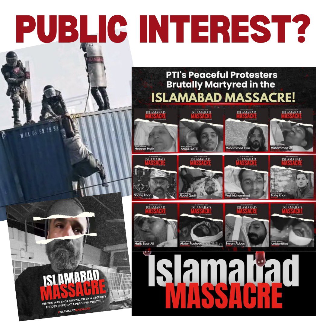 There is a video floating around of a person wearing a uniform of an institution who claims that “they” do everything in Public Interest. 

Humble request to her to plz ask their leads 

1) If Nov 26th #IslamabadMassacre was in public interest

2) If Feb 8th Mandate theft was in