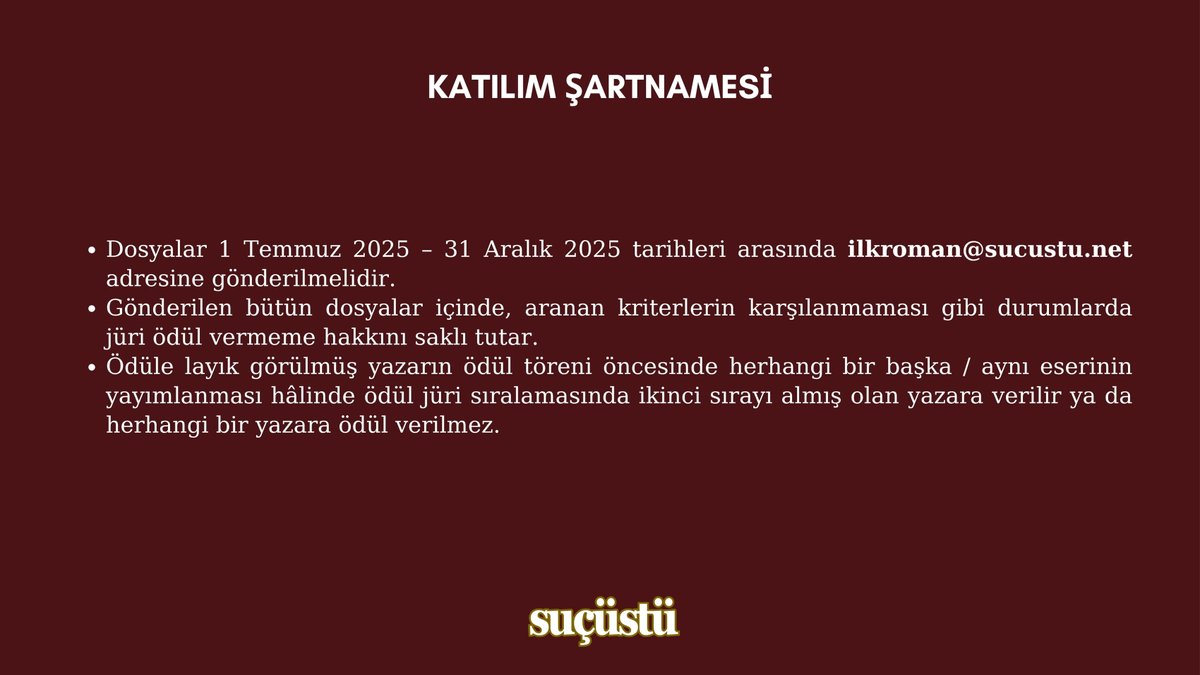 SUÇÜSTÜ (@sucustu) on Twitter photo İlkini geçtiğimiz yıl düzenlediğimiz, <a href="/MahalEdYayin/">Mahal Edebiyat Yayınları</a> iş birliğiyle gerçekleştirdiğimiz "İlk Polisiye Roman Yarışması" yeni adaylarını arıyor! 1 Temmuz - 31 Aralık 2025 tarihleri arasında başvurabileceğiniz yarışmanın koşullarına sucustu.net/ilkroman adresinden ulaşabilirsiniz. İlkini geçtiğimiz yıl düzenlediğimiz, <a href="/MahalEdYayin/">Mahal Edebiyat Yayınları</a> iş birliğiyle gerçekleştirdiğimiz "İlk Polisiye Roman Yarışması" yeni adaylarını arıyor! 1 Temmuz - 31 Aralık 2025 tarihleri arasında başvurabileceğiniz yarışmanın koşullarına sucustu.net/ilkroman adresinden ulaşabilirsiniz.