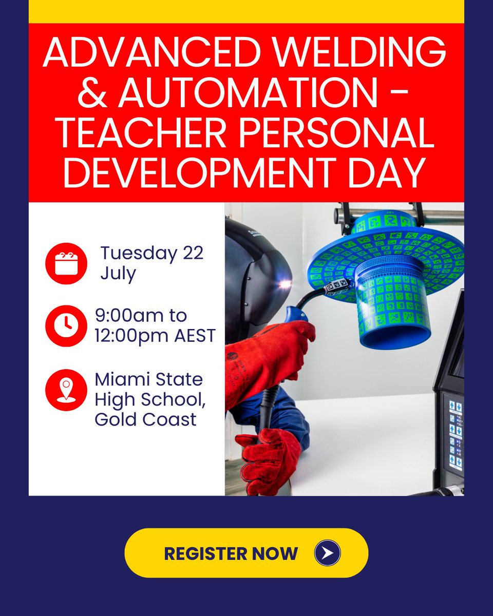 Gold Coast teachers: Want to bring cutting-edge tech into your classroom? Join this Teacher PD Day on 22 July for hands-on demos in AR welding + cobots | 🕘 9am–12pm at Miami SHS
Register 👉bit.ly/43USV9T  

#STEMeducation #EdTech #WeldAustralia  #SkilledCareers