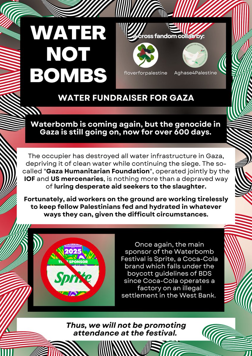 filastin_9's tweet image. #WATER_NOT_BOMBS is BACK!
This year, we and @IGOT74Palestine are working with @ShipGaza97470 to raise money for clean drinking water trucks in Gaza.
This is an open campaign that any fan of any act performing at WB can participate in.
Details below⬇️⏬