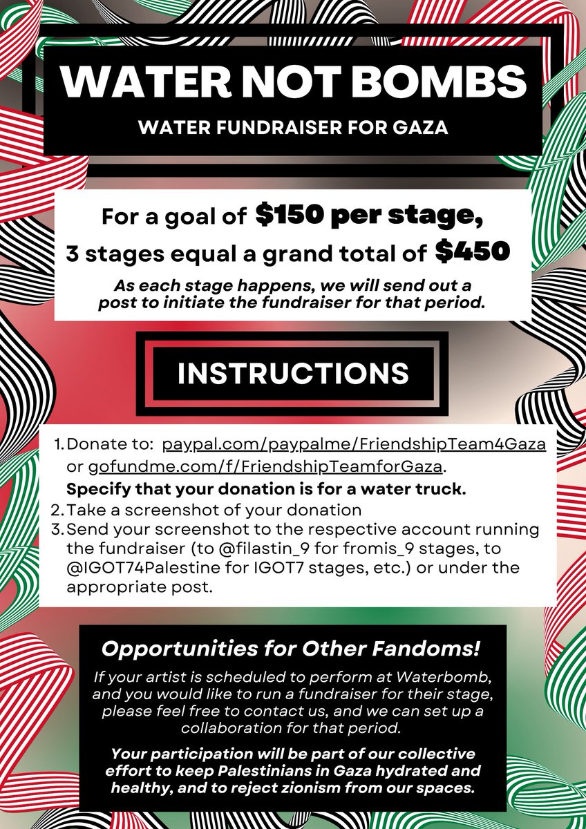 filastin_9's tweet image. #WATER_NOT_BOMBS is BACK!
This year, we and @IGOT74Palestine are working with @ShipGaza97470 to raise money for clean drinking water trucks in Gaza.
This is an open campaign that any fan of any act performing at WB can participate in.
Details below⬇️⏬